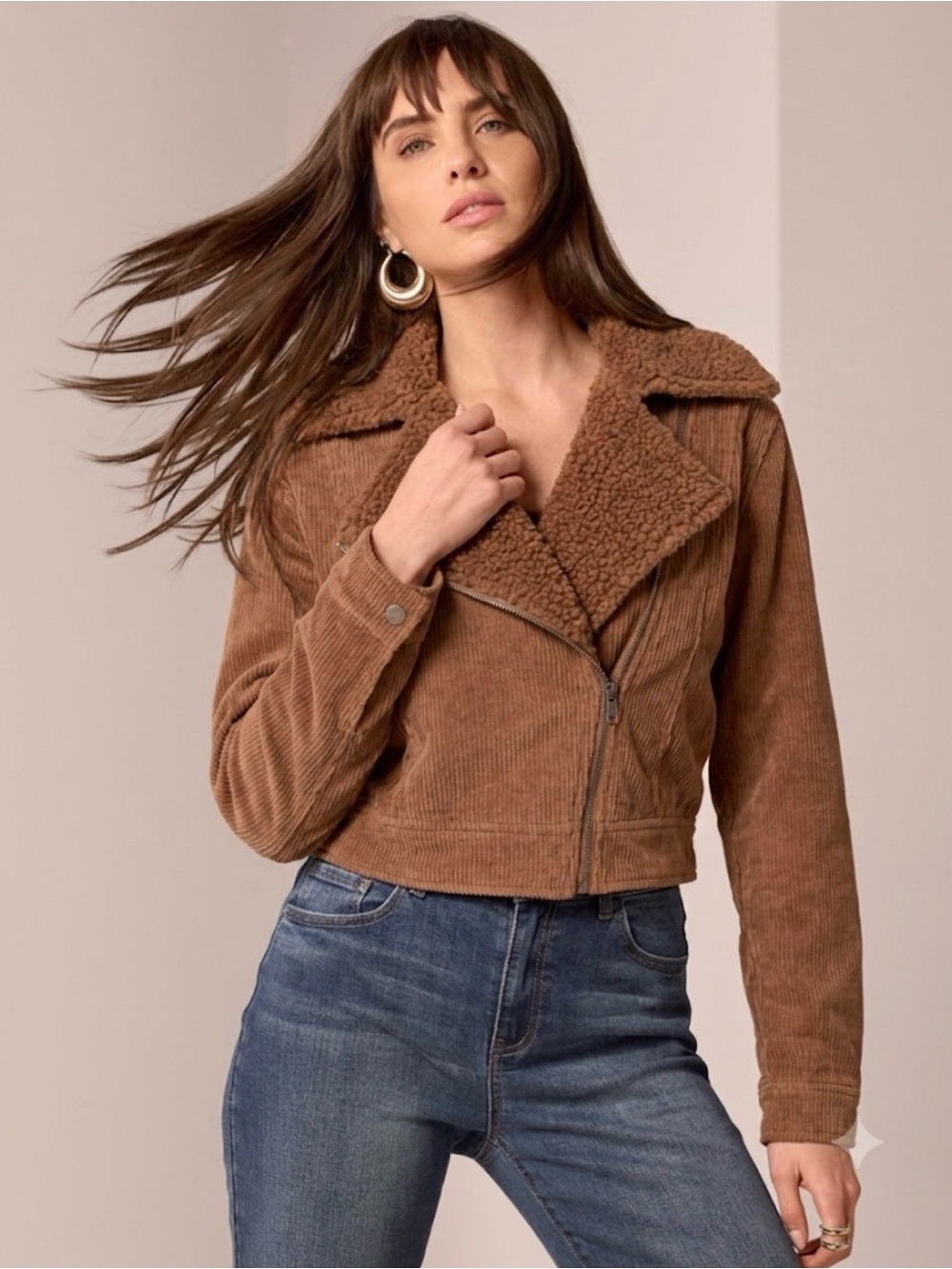 HYFVE Brown Corduroy Sherpa Collar Cropped Moto Bomber Jacket S